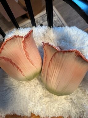 Pair of Pink-to-Cream Gradient Tulip Pots with Green Base